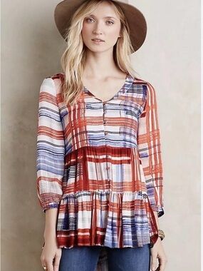 Anthropologie Rust & Blue Plaid Button-Peplum Blouse